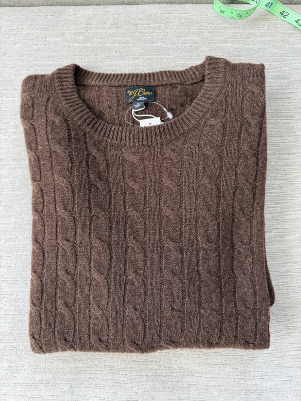 J.Crew 100% Cashmere Cable-Knit Crewneck Sweater Brown Men’s Size L NWT Repaired - Picture 2 of 10